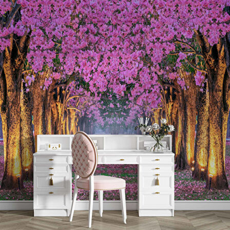 Pembe Çiçekli Ağaç Manzaralı Duvar Kağıdı