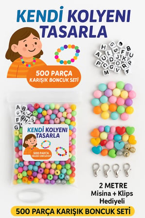 500 Parça Karışık Boncuk Seti + 2 Metre Misina + Klips Hediyeli + Boyanabilir Takı Kutusu Seçenekli