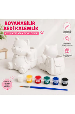 Boyanabilir Kedi Kalemlik Seti – 6’lı Akrilik Boya ve Fırça Hediyeli Dekoratif Kalemlik