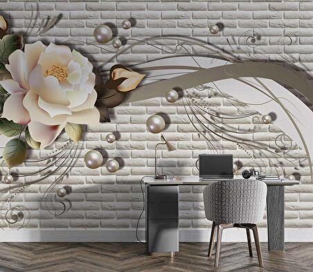 3 Boyutlu Tuğla Duvar Üstünde Gül Desenli Duvar Kağıdı Baskı