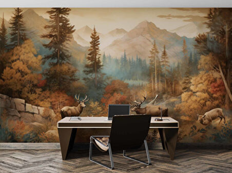 Sonbahar Suluboya Çizim Orman ve Geyik Manzaralı Duvar Kağıdı