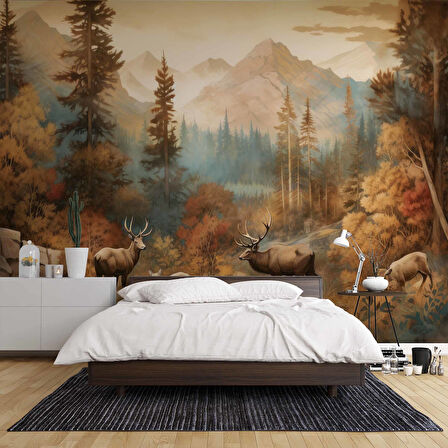 Sonbahar Suluboya Çizim Orman ve Geyik Manzaralı Duvar Kağıdı