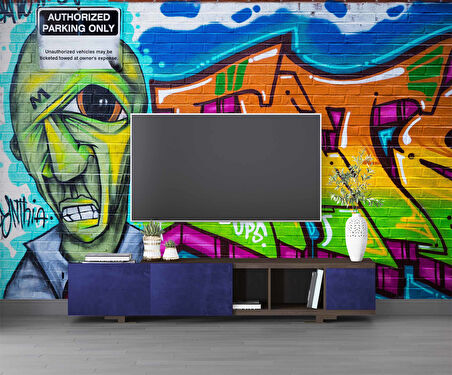 Grafitti Mavi Yeşil Temalı Duvar Kağıdı