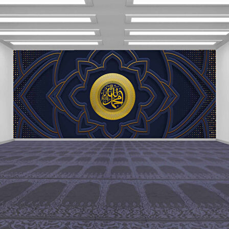 İslami Motifli Mescit Lacivert Altın Duvar Kağıdı