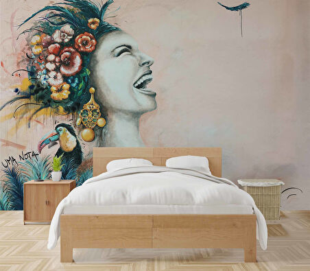 Gülen Kadın Grafitti Tropikal Temalı Duvar Kağıdı