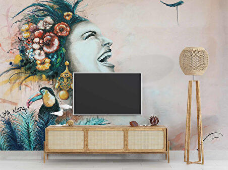 Gülen Kadın Grafitti Tropikal Temalı Duvar Kağıdı