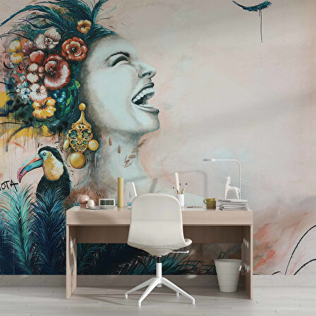 Gülen Kadın Grafitti Tropikal Temalı Duvar Kağıdı