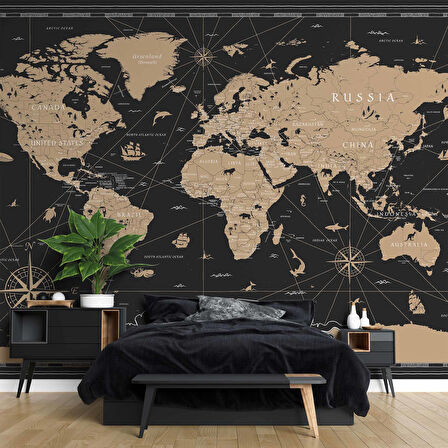 Vintage Siyah Dünya Haritası Duvar Kağıdı