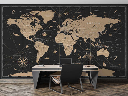 Vintage Siyah Dünya Haritası Duvar Kağıdı