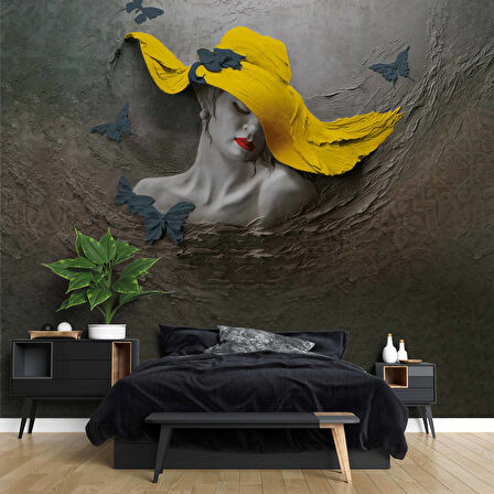 Sarı Şapkalı Kelebek Desenli Kadın Temalı Duvar Kağıdı