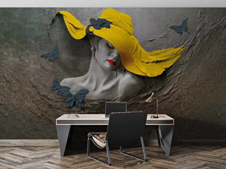 Sarı Şapkalı Kelebek Desenli Kadın Temalı Duvar Kağıdı