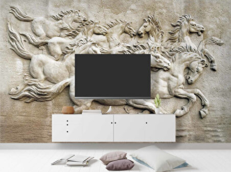 3 Boyutlu Kabartma Rofye Atlar Heykel Duvar Kağıdı