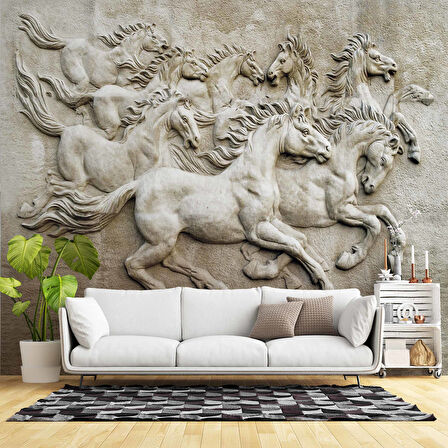 3 Boyutlu Kabartma Rofye Atlar Heykel Duvar Kağıdı