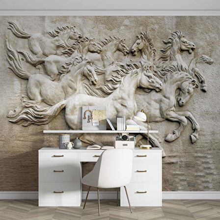 3 Boyutlu Kabartma Rofye Atlar Heykel Duvar Kağıdı