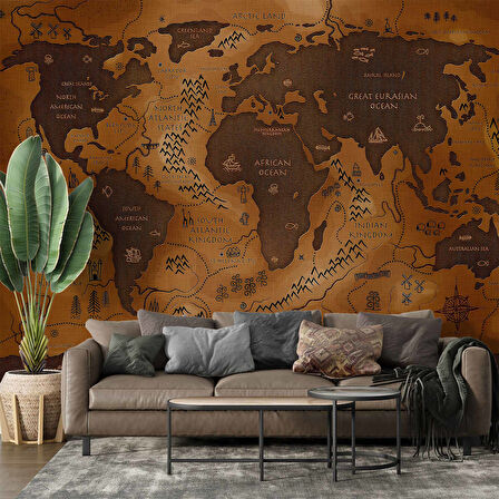 Vintage Ahşap Temalı Dünya Haritası Duvar Kağıdı