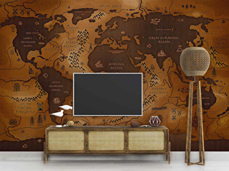 Vintage Ahşap Temalı Dünya Haritası Duvar Kağıdı
