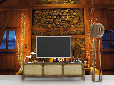 Şömine Ahşap ve Tuğla Desenli Duvar Kağıdı