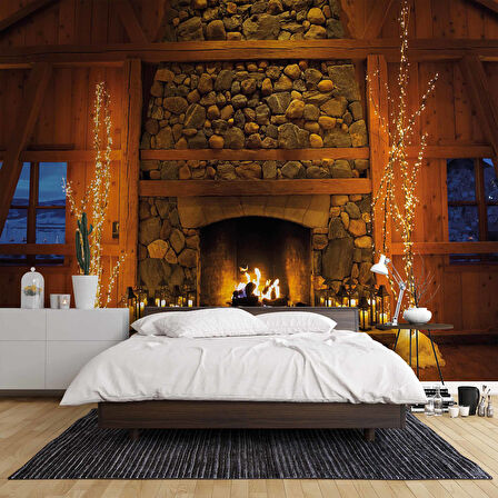 Şömine Ahşap ve Tuğla Desenli Duvar Kağıdı