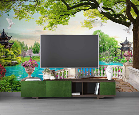 Göl Kuş Balkon Manzaralı Duvar Kağıdı