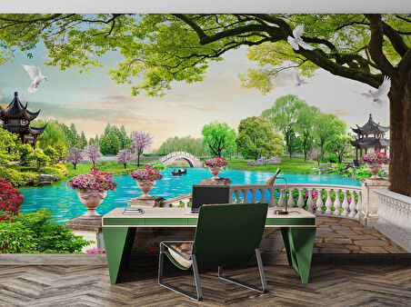 Göl Kuş Balkon Manzaralı Duvar Kağıdı