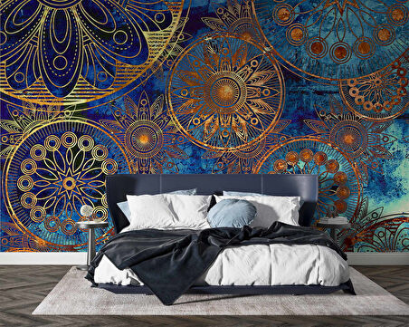 3 Boyutlu Mavi Franktal Desenli Duvar Kağıdı