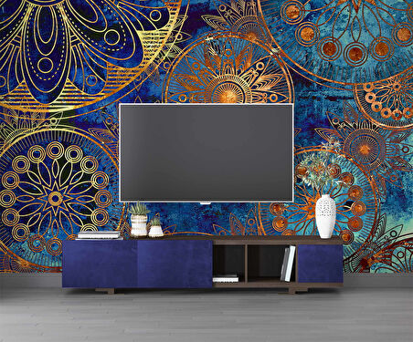 3 Boyutlu Mavi Franktal Desenli Duvar Kağıdı