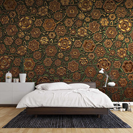 3 Boyutlu Altın Çiçek Desenli Duvar Kağıdı