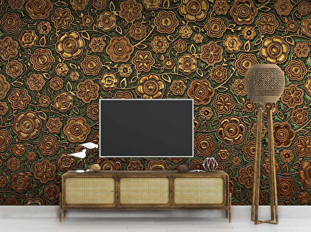 3 Boyutlu Altın Çiçek Desenli Duvar Kağıdı