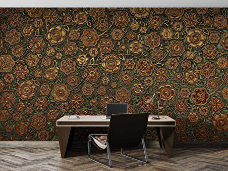 3 Boyutlu Altın Çiçek Desenli Duvar Kağıdı