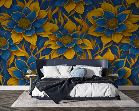 Mavi 3 Boyutlu Çiçek Desenli Duvar Kağıdı