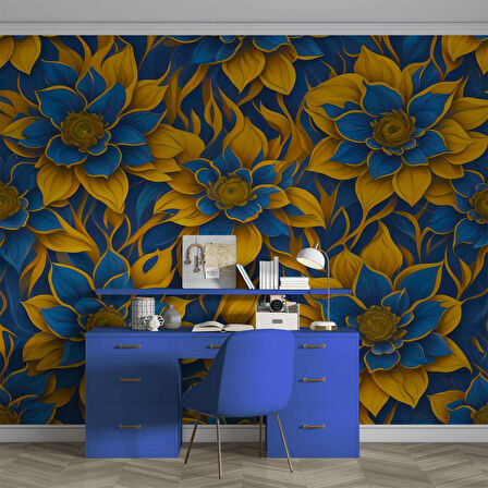 Mavi 3 Boyutlu Çiçek Desenli Duvar Kağıdı