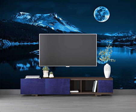 Gece Ay ve Dağ Manzaralı Duvar Kağıdı