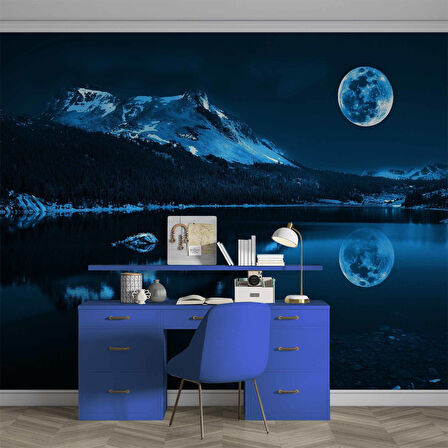 Gece Ay ve Dağ Manzaralı Duvar Kağıdı