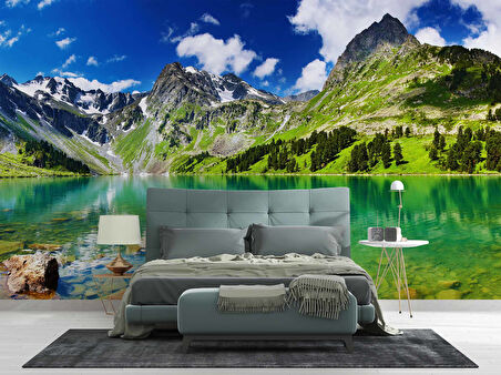 Karlı Dağ ve Göl Manzaralı Duvar Kağıdı