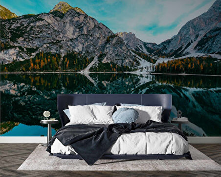 Karlı Dağ Göl ve Orman Manzaralı Duvar Kağıdı