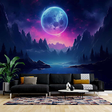 Gece Ay Orman Göl Manzaralı Duvar Kağıdı