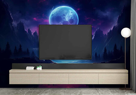 Gece Ay Orman Göl Manzaralı Duvar Kağıdı