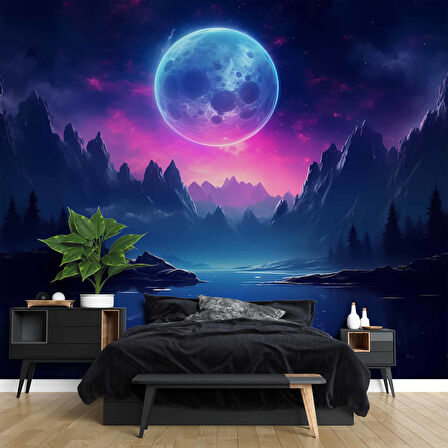 Gece Ay Orman Göl Manzaralı Duvar Kağıdı