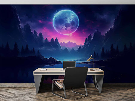 Gece Ay Orman Göl Manzaralı Duvar Kağıdı