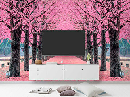 Pembe Ağaç Orman Manzaralı Duvar Kağıdı