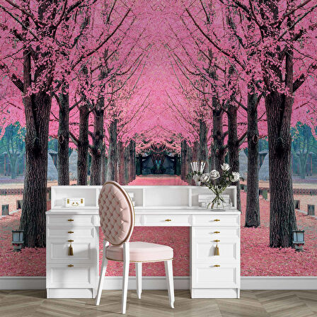 Pembe Ağaç Orman Manzaralı Duvar Kağıdı