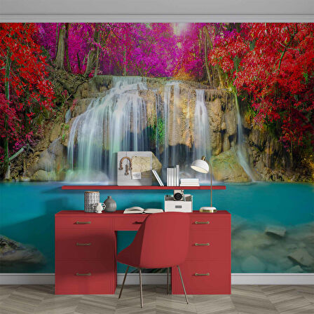 Şelale Kırmızı Çiçek Duvar Kağıdı Baskı