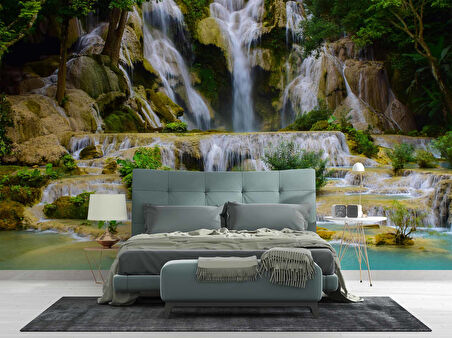 Şelale Kayalık Orman Duvar Kağıdı Baskı