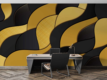 3 Boyutlu Siyah Sarı Dalgalı Desenli Duvar Kağıdı