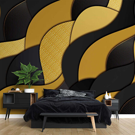 3 Boyutlu Siyah Sarı Dalgalı Desenli Duvar Kağıdı