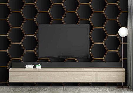 3 Boyutlu Siyah Altıgen Petek Desenli Duvar Kağıdı