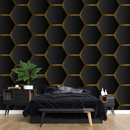 3 Boyutlu Siyah Altıgen Petek Desenli Duvar Kağıdı