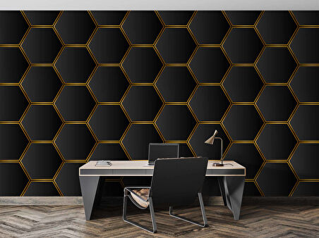 3 Boyutlu Siyah Altıgen Petek Desenli Duvar Kağıdı