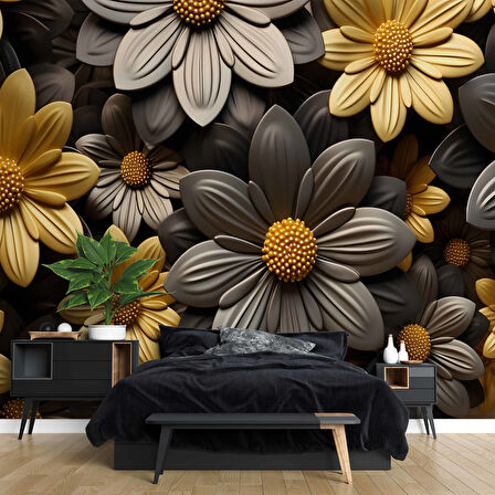 3 Boyutlu Siyah Sarı Çiçek Desenli Duvar Kağıdı