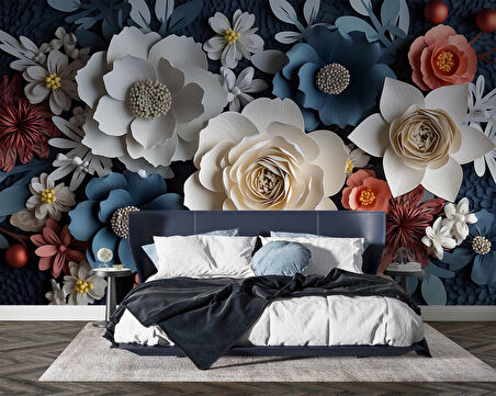 3 Boyutlu Mavi Beyaz Çiçek Desenli Duvar Kağıdı